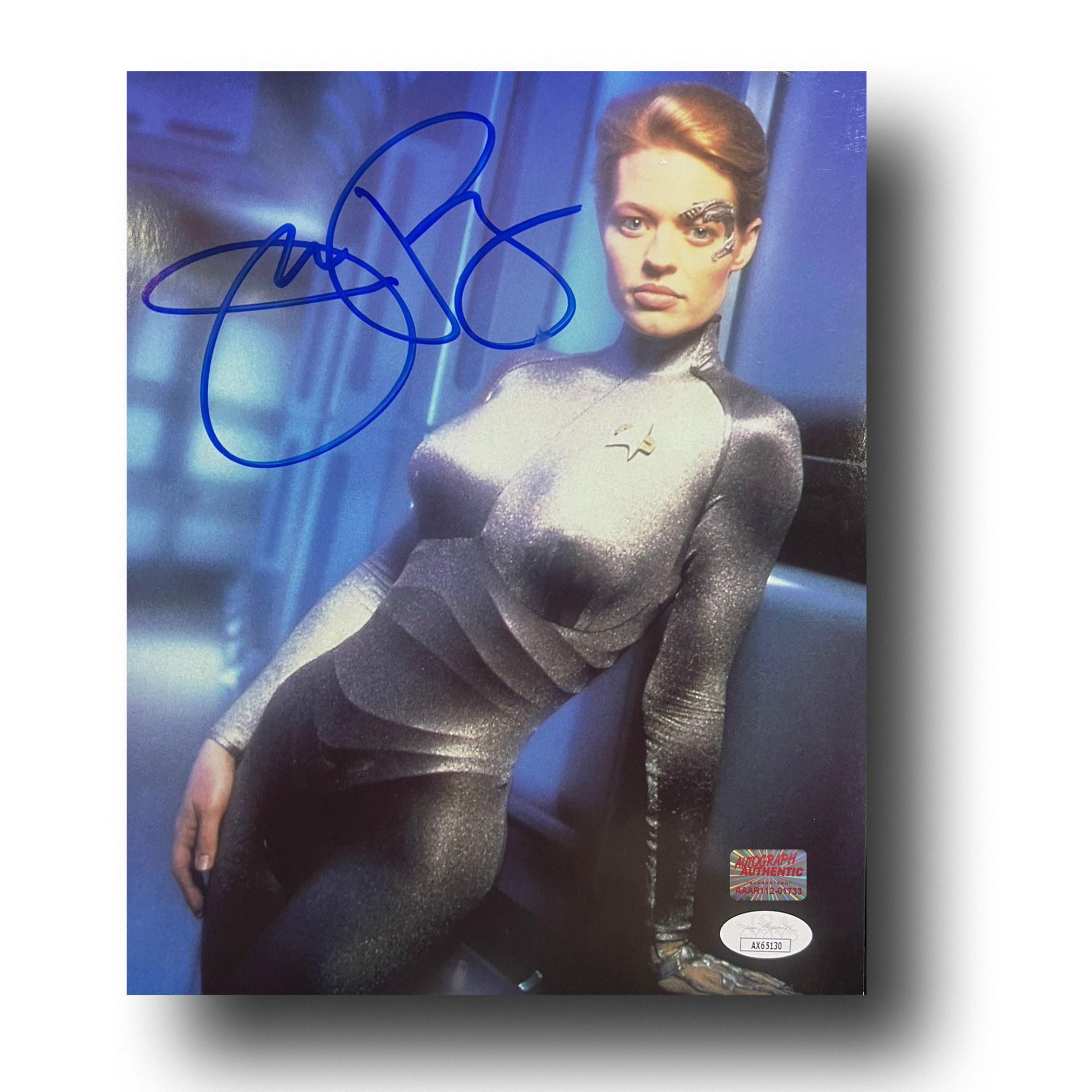 Jeri Ryan Autographed Star Trek Voyager Photo – Seven of Nine Blue Background 8x